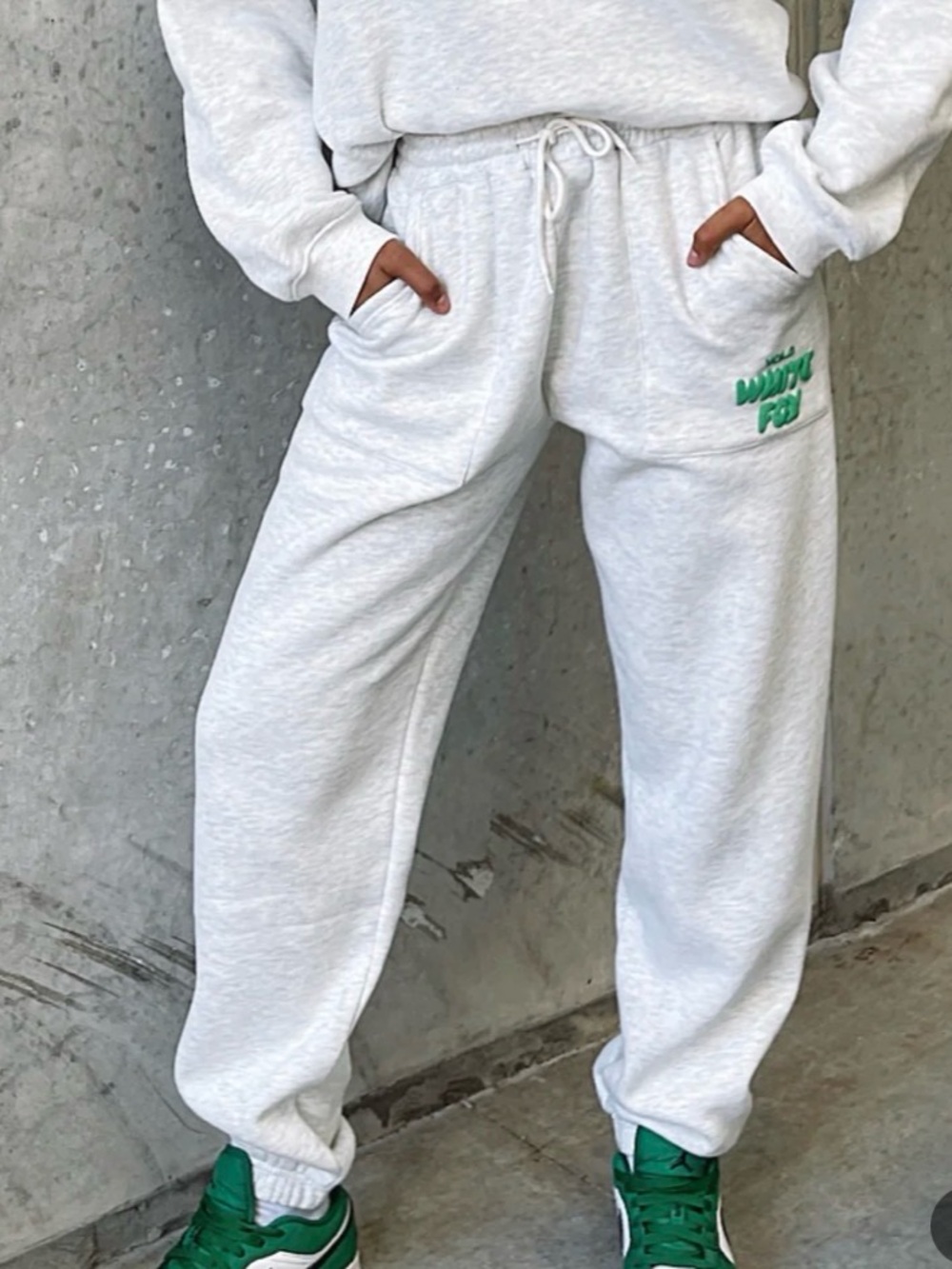 White Fox Boutique Light Gray Track Joggers with Green Logo